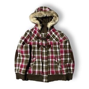 Y2K fur hooded, Multi/pink matter color zip up sweater